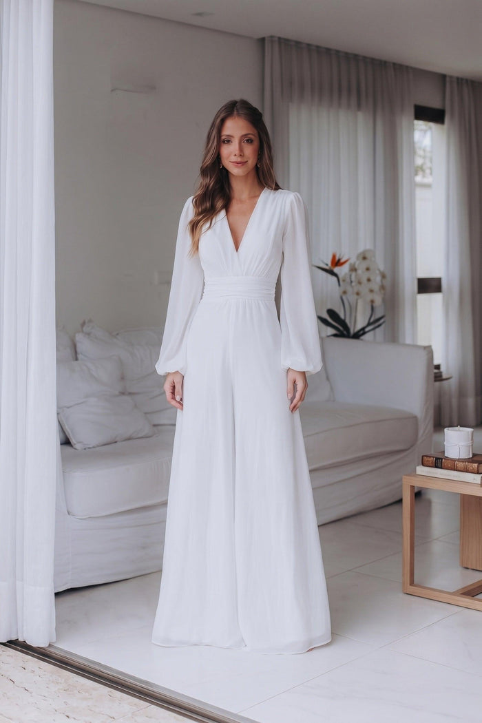 V-Neck Floor Length Chiffon Wedding Jumpsuit CW3573