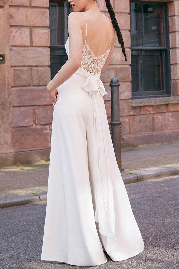 V-Neck Floor Length Chiffon Wedding Jumpsuit CW3576 - COCOMELODY