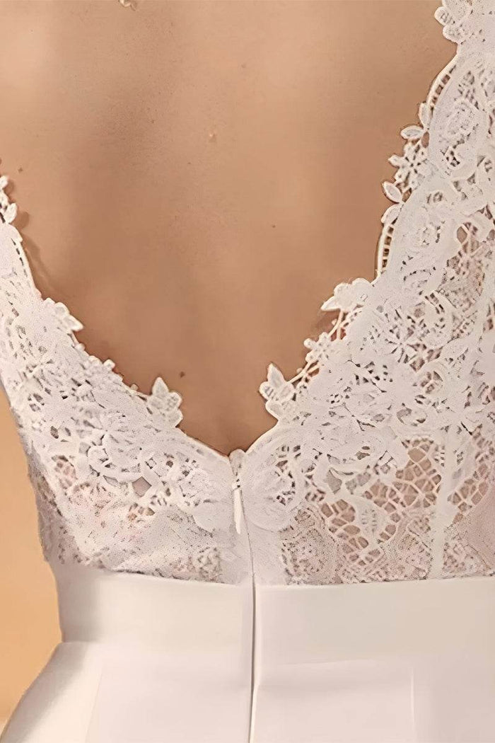 V-Neck Floor Length Lace Chiffon Wedding Jumpsuit CW3569 - COCOMELODY