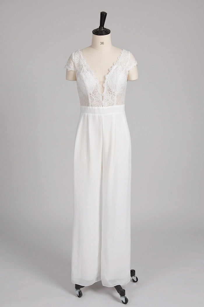 V-Neck Floor Length Lace Chiffon Wedding Jumpsuit CW3569