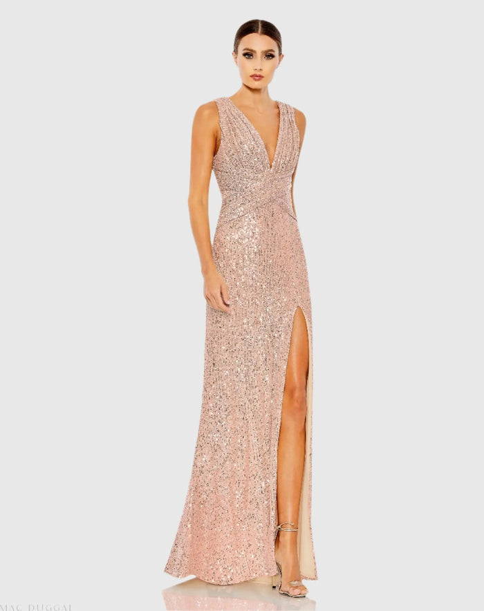 Pink V-Neck Sequin Wrap Waist Gown - Ieena for Mac Duggal