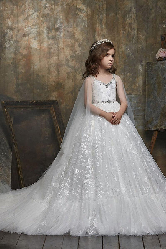 V-Neck Tulle Sweep-Brush Train Rhinestone Flower Girl Dresses 602360853583