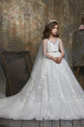 V-Neck Tulle Sweep-Brush Train Rhinestone Flower Girl Dresses 602360853583