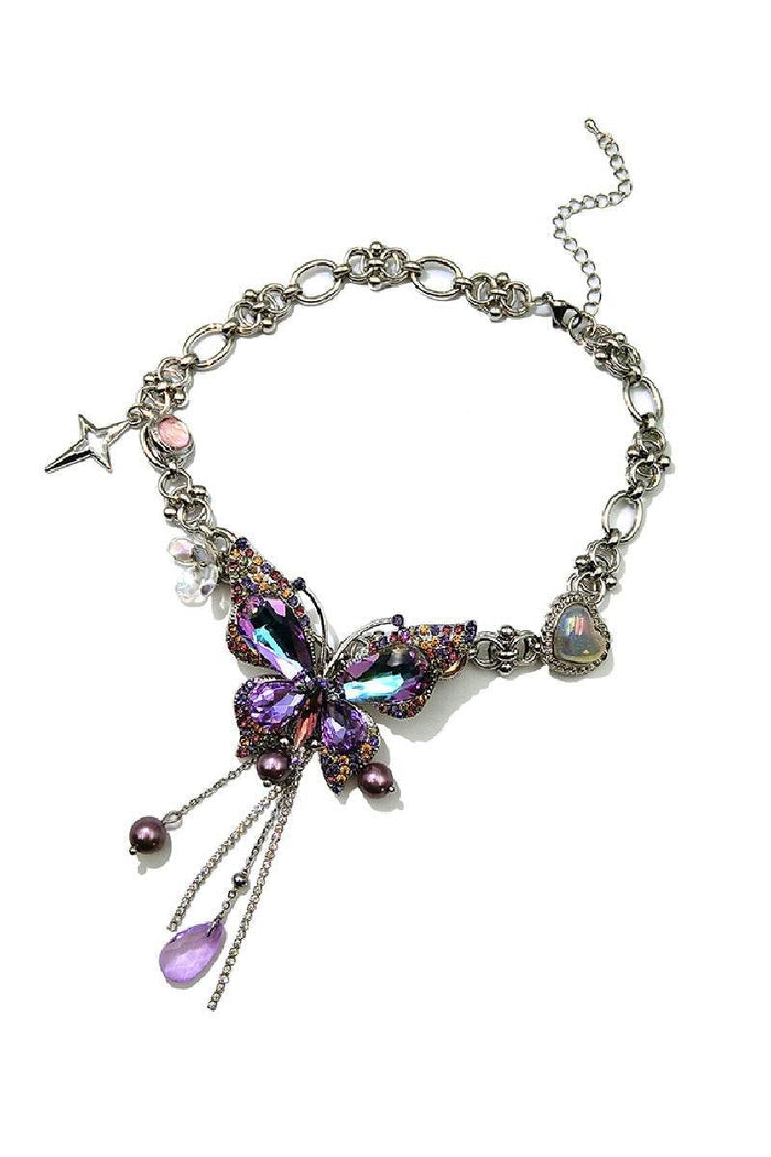 Water drop tassel butterfly diamond Necklace 873960697326 - COCOMELODY