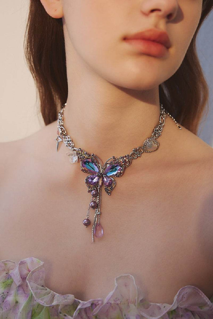 Water drop tassel butterfly diamond Necklace 873960697326 - COCOMELODY