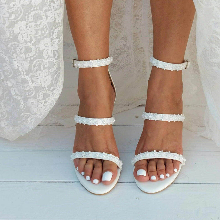 White Lace Ankle Strap Block Heel Sandals 708995413390 - COCOMELODY