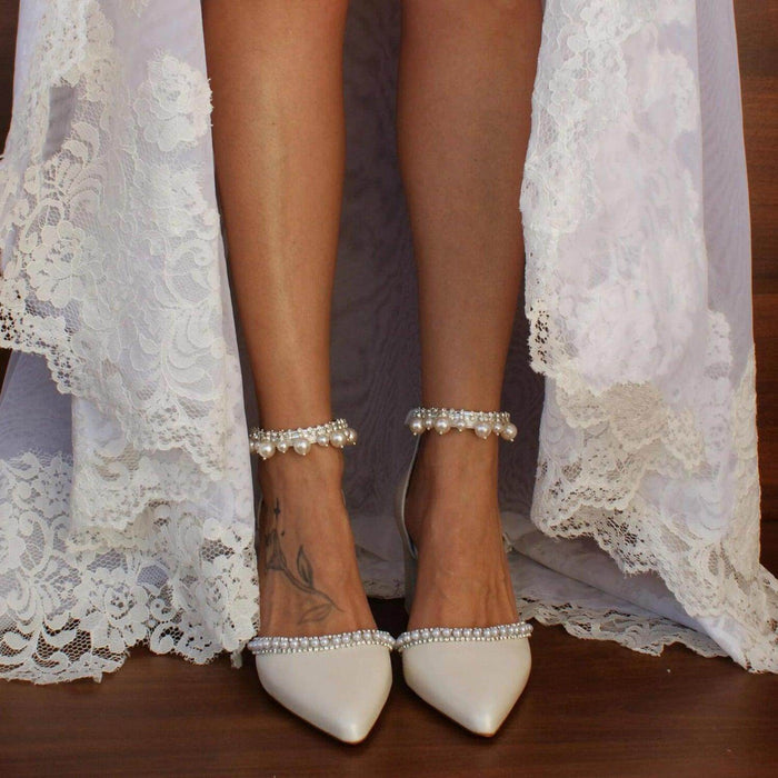White Pearl Ankle Strap Pointy Block Heels 709119829327 - COCOMELODY