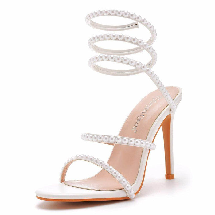 White Pearl Ankle Strap Pointy Stiletto heel Sandals 712542089589 - COCOMELODY