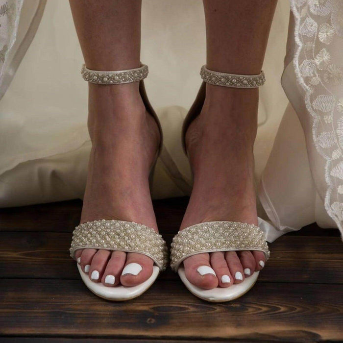 White Pearl Ankle Strap Round Block Heel Sandals 708036540906 - COCOMELODY