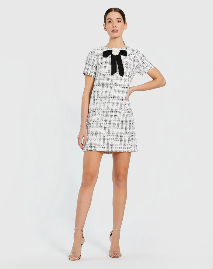 White Short Sleeve High Neck Boucle Mini Dress With Bow - Ieena for Mac Duggal