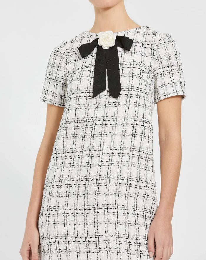 White Short Sleeve High Neck Boucle Mini Dress With Bow - Ieena for Mac Duggal