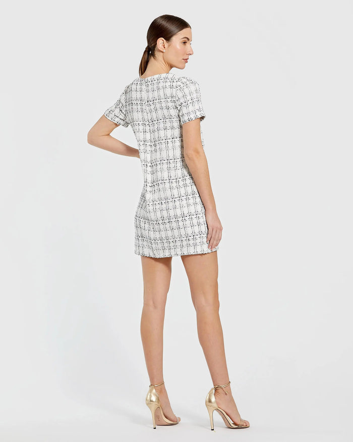 White Short Sleeve High Neck Boucle Mini Dress With Bow - Ieena for Mac Duggal