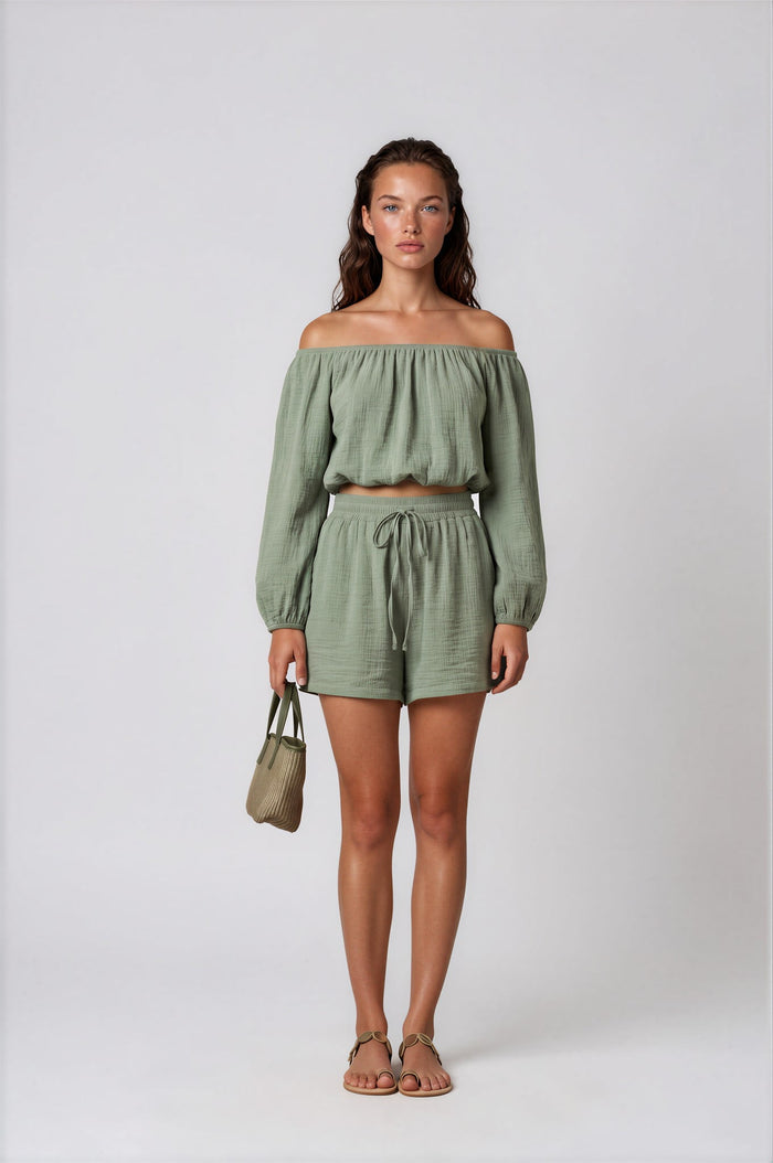 Tops APLA Zeta Crinkled Off Shoulder Top Green O/S / Green Apoella